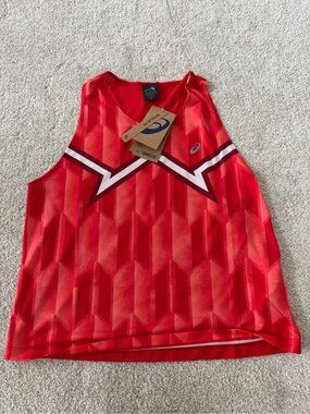 Asics Red and White Geometric Running Singlet NWT size M